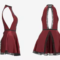 Red Halter Neck Backless Dress with Pleated Skirt and Black Lace Trim Design