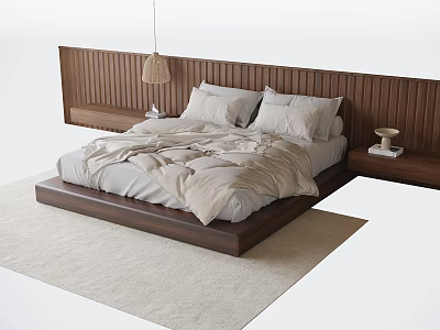 Double Bed With Wooden Headboard Light Colored Sheets Bedside Tables Hanging Lamp And Light Rug 3d model