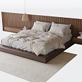 Double Bed With Wooden Headboard Light Colored Sheets Bedside Tables Hanging Lamp And Light Rug