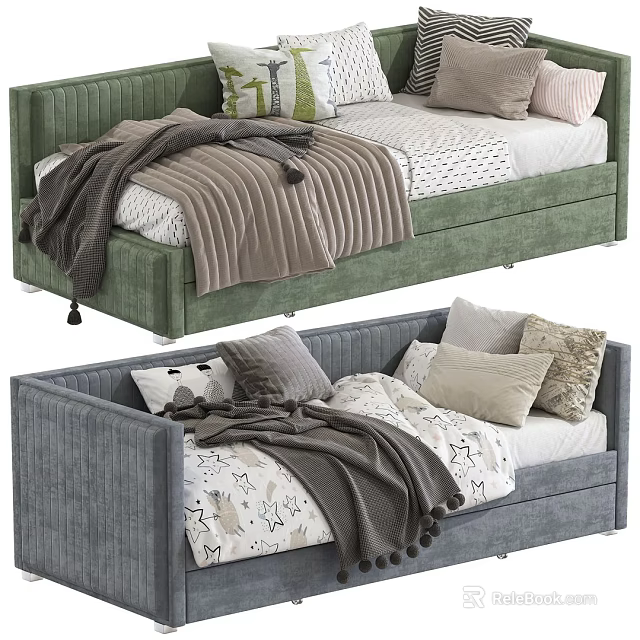 Cozy Upholstered Kids Bed in Green and Grey with Soft Pillows and Blankets 3d model 