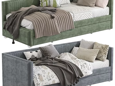 Cozy Upholstered Kids Bed in Green and Grey with Soft Pillows and Blankets 3d model