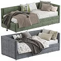 Cozy Upholstered Kids Bed in Green and Grey with Soft Pillows and Blankets