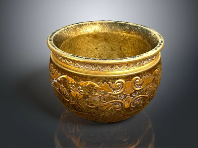 Elegant Golden Bowl With Intricate Carved Floral Patterns For Home Decor 3d model