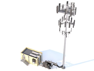 Industrial Equipment Featuring Tall Communication Tower With Multiple Antennas Small Yellow Building And Base Equipment 3d model