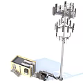 Industrial Equipment Featuring Tall Communication Tower With Multiple Antennas Small Yellow Building And Base Equipment