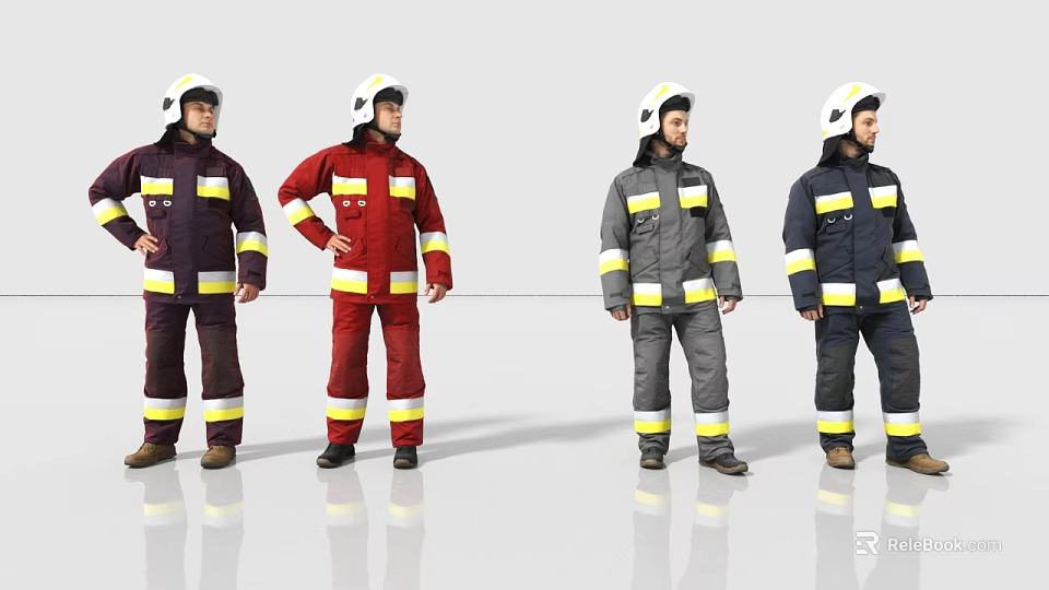 Two People Wearing Different Colored Firefighting Suits with Reflective Stripes and Helmets 3d model 