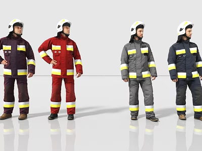 Two People Wearing Different Colored Firefighting Suits with Reflective Stripes and Helmets 3d model