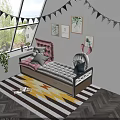 Kids Room Decor With Pink Bench Pillows Rabbit Toy Colorful Rug And Plant Paintings