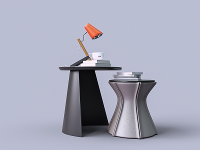 Leather Side Table Lamp Books Coffee Cup 3d model