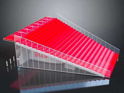 Modern Red Stairs Design With Transparent Railings And Metal Frame Structure 3d model