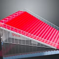 Modern Red Stairs Design With Transparent Railings And Metal Frame Structure
