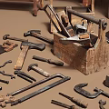 Vintage Antique Items Collection with Wooden Doors Piano Wheels Tools American Flag and Deer Skulls