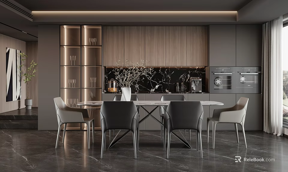 Modern Restaurant Interior Design With Round Dining Table Chairs Wooden Cabinets And Black Countertop 3d model 