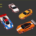 Four Colorful Sports Cars With Rear Spoilers In White Yellow Blue Orange