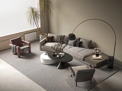 Modern Cozy Sofa And Coffee Table Set With Floor Lamp Armchair And Potted Plant 3d model