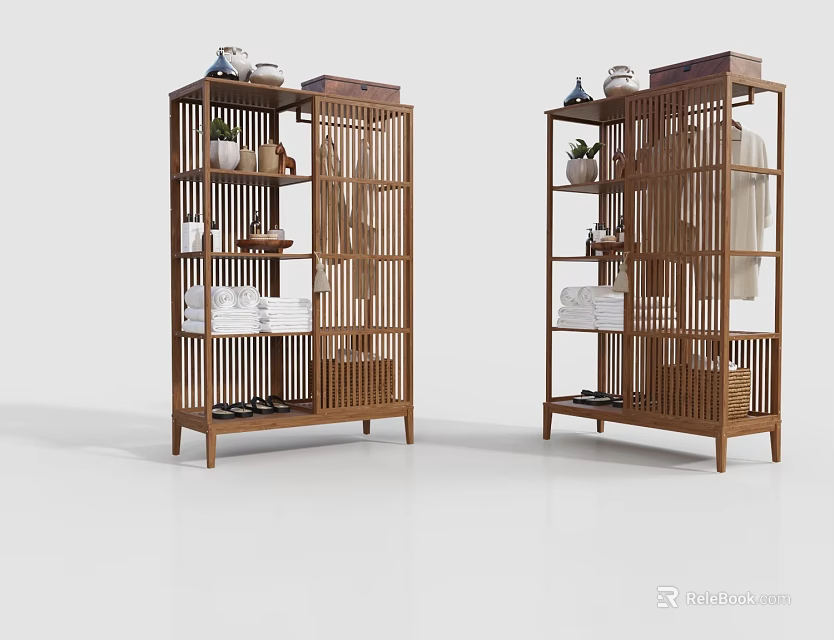 Wooden Clothing Racks With Shelves For Clothes Plants And Tea Sets In Simple Design 3d model 
