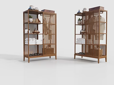Wooden Clothing Racks With Shelves For Clothes Plants And Tea Sets In Simple Design 3d model