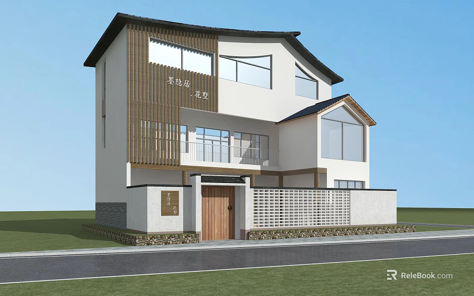 Modern Traditional Homestay Building with Two Story Design Large Windows Wooden Accents and Grid Fence 3d model 