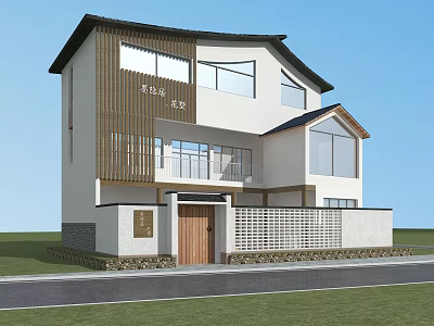 Modern Traditional Homestay Building with Two Story Design Large Windows Wooden Accents and Grid Fence 3d model