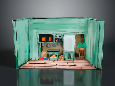Household Items In Miniature Green Room With Orange Pots Green Bottles Mirror And Potted Plant 3d model