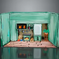 Household Items In Miniature Green Room With Orange Pots Green Bottles Mirror And Potted Plant