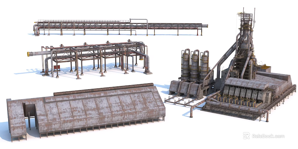 Large Scale Industrial Equipment Featuring Steel Structures Storage Tanks And Conveyor Systems 3d model 