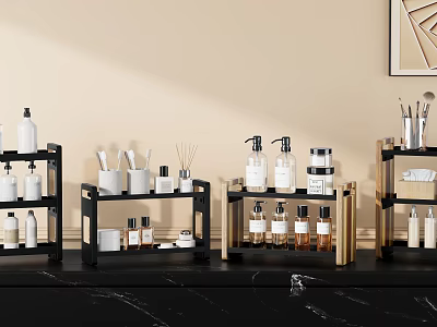 Stylish Display Shelves With Black Gold Frames Holding Cosmetic Bottles And Containers 3d model