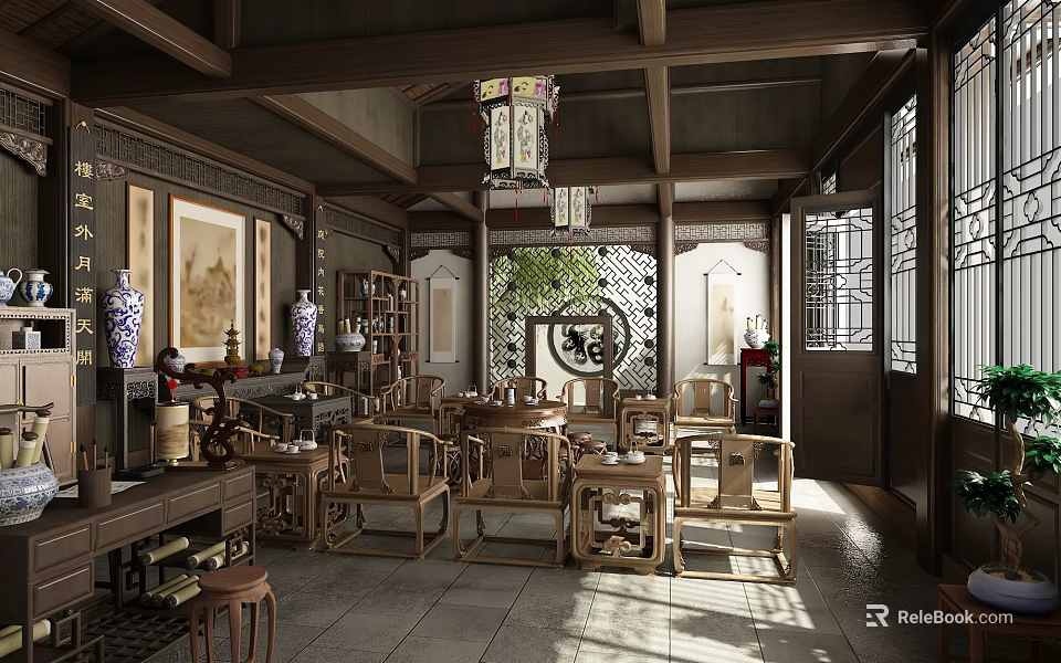 Chinese Traditional Living Room Interior Design With Wooden Furniture Lanterns And Decorative Screen 3d model 