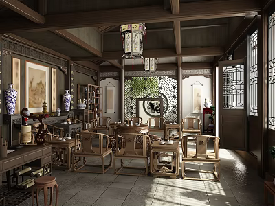Chinese Traditional Living Room Interior Design With Wooden Furniture Lanterns And Decorative Screen 3d model