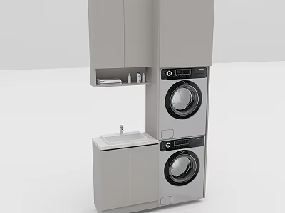 Modern Bathroom Cabinetry Design With Washer Dryer Stack And Storage Countertop 3d model