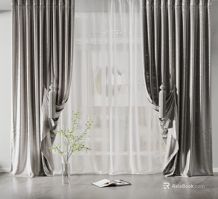 Elegant Grey Velvet Curtains With White Sheer Panels And Green Plant Decor 3d model 