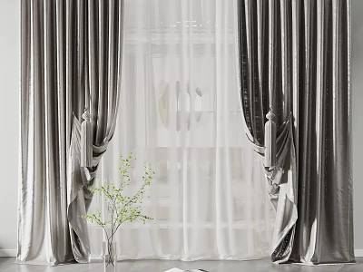 Elegant Grey Velvet Curtains With White Sheer Panels And Green Plant Decor 3d model