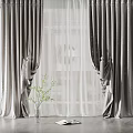 Elegant Grey Velvet Curtains With White Sheer Panels And Green Plant Decor
