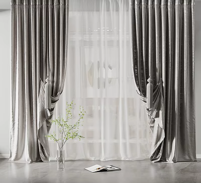 Elegant Grey Velvet Curtains With White Sheer Panels And Green Plant Decor 3d model