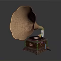 Antique Phonograph With Polished Brass Horn Wooden Base And Vinyl Record