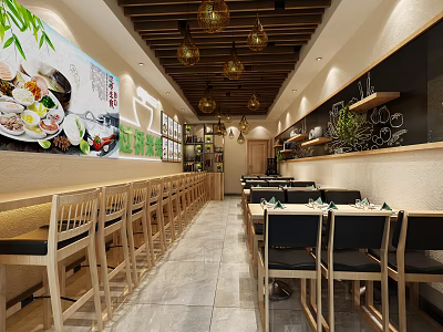Chinese Style Restaurant Interior With Wooden Tables Chairs Hanging Lamps Food Posters And Green Plants 3d model