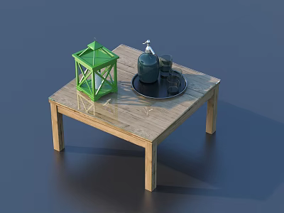 Wooden Dining Table Set with Green Lantern Black Bottle Glass Cups and Tray 3d model
