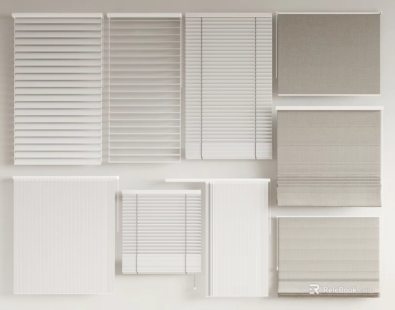 Various Window Blinds with Horizontal Vertical Designs and Neutral Color Options for Home Decor 3d model 