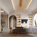 Modern Living and Dining Room with Open Concept Archway Sofa Dining Table and Pendant Lights
