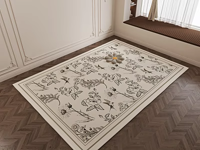 Square Area Rug With Black Floral Leaf Patterns And Gold Accent In Wooden Floor Room 3d model