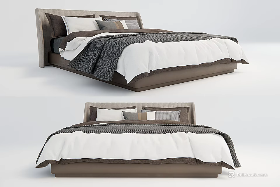 Modern Double Bed Design With Brown Headboard White Gray Bedspread And Pillows 3d model