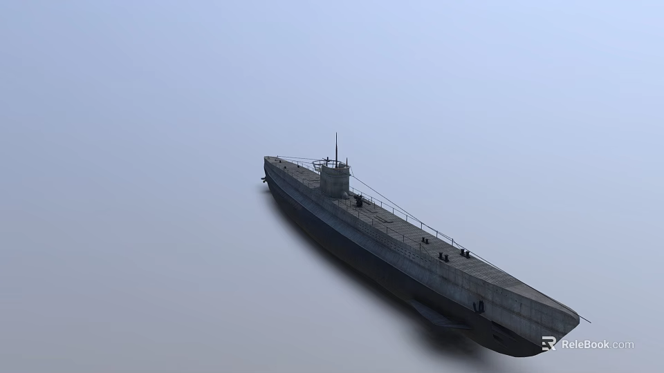 Gray Military Submarine On Water Surface With Deck Structure And Light Blue Sky 3d model 