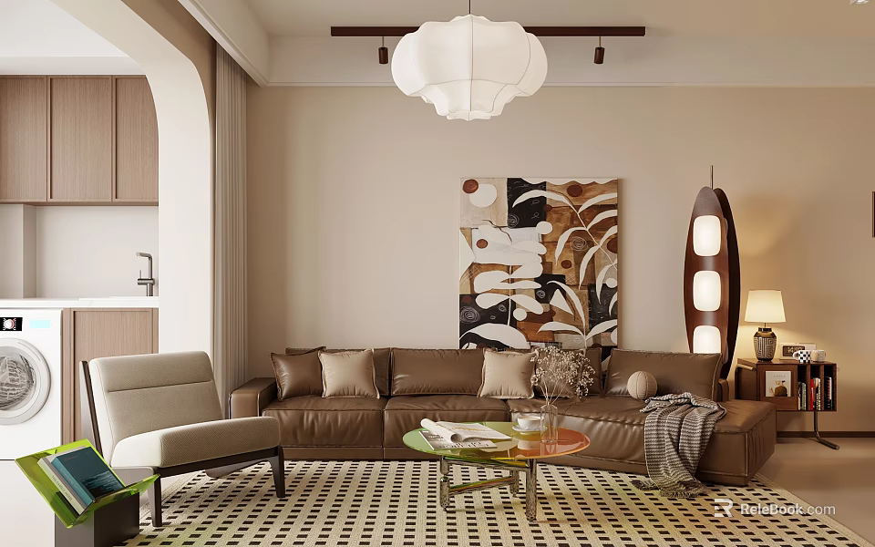 Cozy Modern Living Room with Brown Sofa Beige Armchair Abstract Painting and White Pendant Light 3d model 