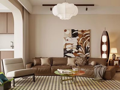 Cozy Modern Living Room with Brown Sofa Beige Armchair Abstract Painting and White Pendant Light 3d model