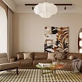Cozy Modern Living Room with Brown Sofa Beige Armchair Abstract Painting and White Pendant Light