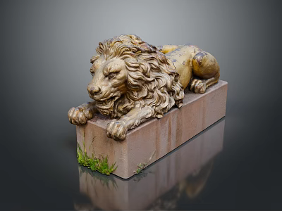 Ancient Golden Lion Statue Lying on Stone Base With Moss Growing 3d model