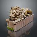 Ancient Golden Lion Statue Lying on Stone Base With Moss Growing 3d model