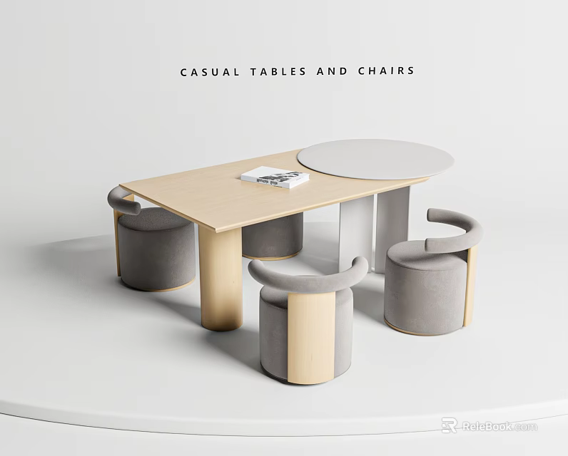Modern Minimalist Casual Tables And Chairs With Wooden Tabletop And Gray Comfortable Seats 3d model 