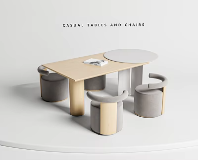 Modern Minimalist Casual Tables And Chairs With Wooden Tabletop And Gray Comfortable Seats 3d model