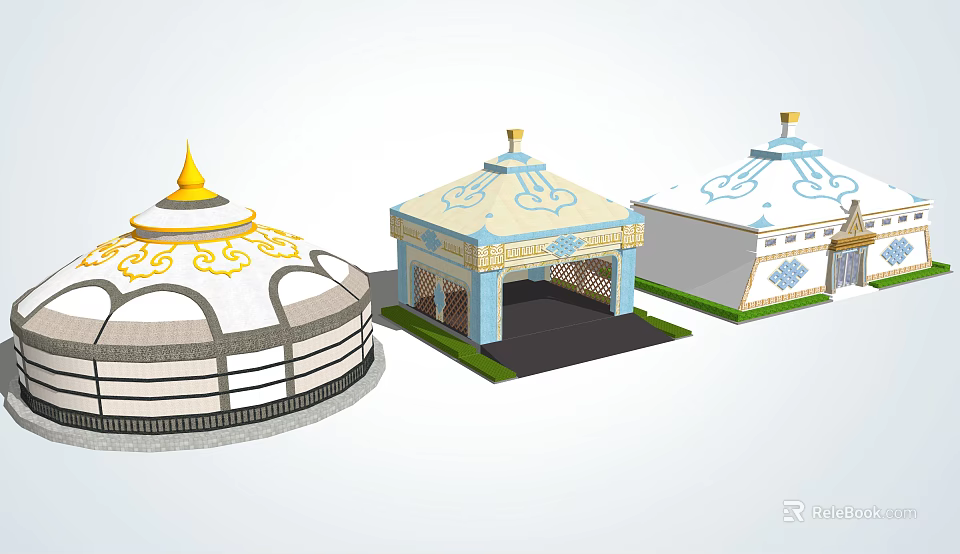 Traditional Yurt Structures With Blue White Decor And Golden Roof Designs 3d model 